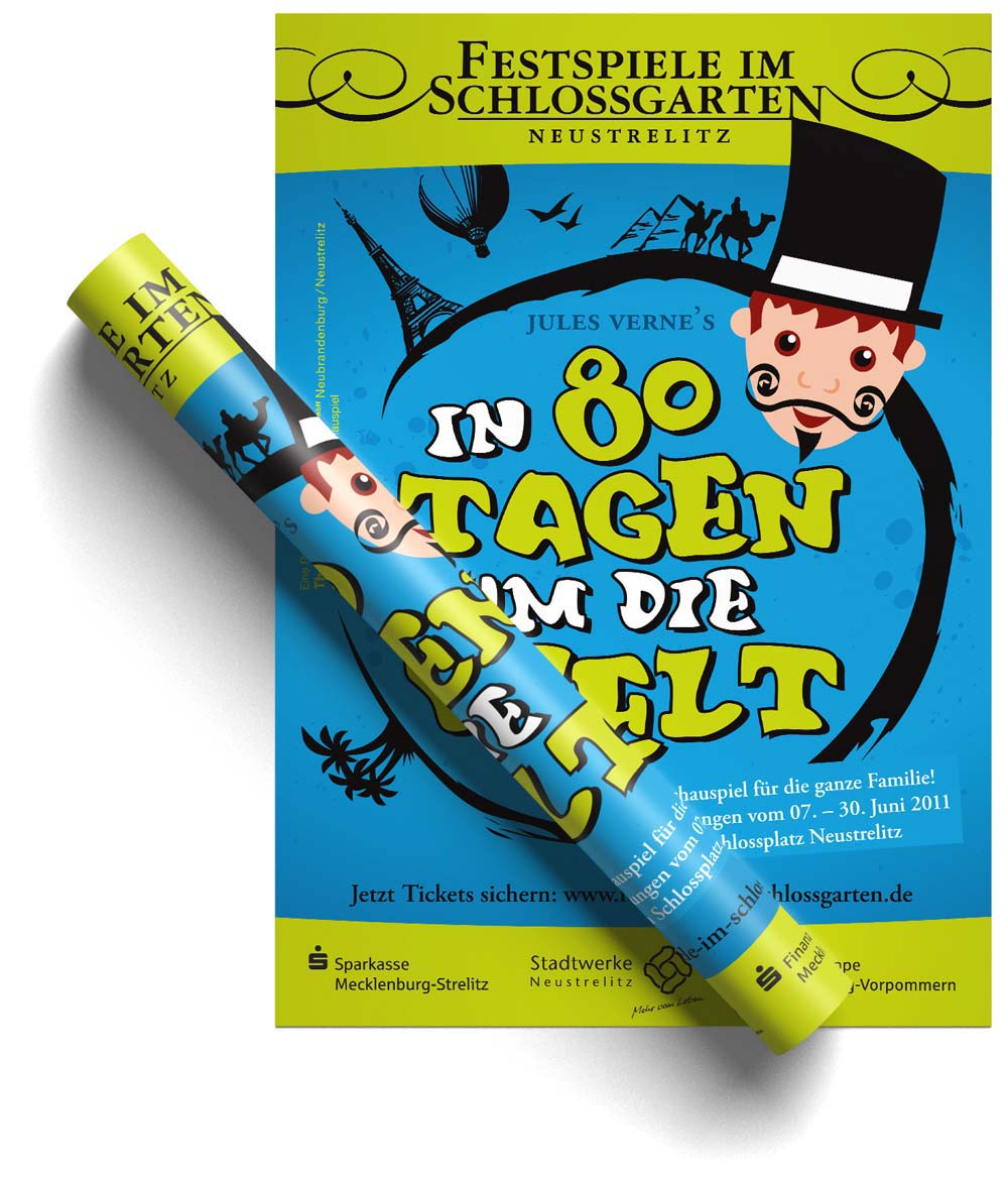 Arbeitsbeispiel Poster für das Kinderschauspiel "In 80 Tagen um die Welt"